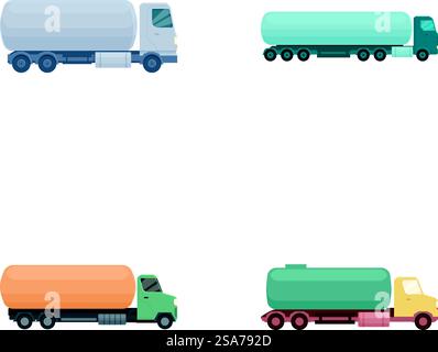 Collection of colorful flat design tanker trucks suitable for various transport concepts. Set of four cartoon tanker trucks isolated on white Stock Vector