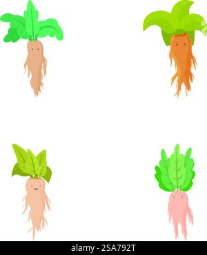 Collection of four adorable root vegetable mascots with expressive faces, isolated on a white background. Set of cute cartoon root vegetable characters Stock Vector