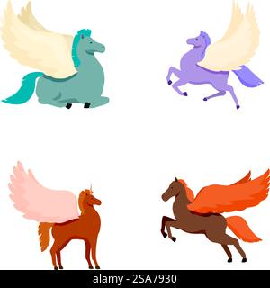 Set of stylized pegasus illustrations featuring different colors, suitable for diverse creative projects. Colorful pegasus collection in various poses Stock Vector