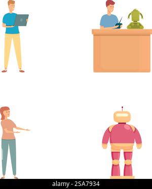 Set of four colorful vector illustrations featuring diverse individuals and a robot. Collection of people and robot illustrations Stock Vector