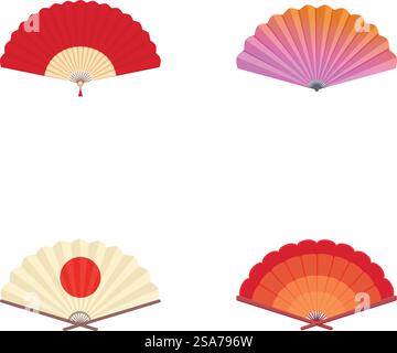 Collection of four elegant hand fan designs, isolated on white background. Set of colorful folding fan illustrations Stock Vector