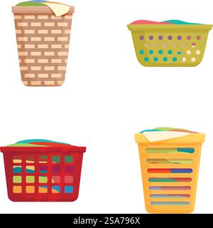 Vibrant and practical collection of multicolor woven and plastic laundry baskets set for household items storage and organization, vector illustration clipart isolated on white background. Vector illustration set of four styles of laundry baskets with clothes Stock Vector