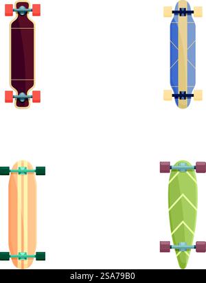 Collection of four different skateboard designs depicted from a topdown view, isolated on white. Set of various skateboard designs Stock Vector