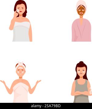 Illustration of four women performing various skincare activities, depicting beauty and selfcare. Set of women enjoying skincare routine Stock Vector