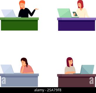 Four illustrations of individuals focused on work at their desks, using laptops. Diverse set of people working on laptops Stock Vector
