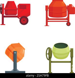 Illustration of different types of concrete mixers used in construction. Set of various construction concrete mixers Stock Vector