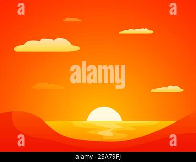 Minimalist illustration of the sun setting over the sea, with an orange sky and clouds reflecting on the water. Orange sunset over the sea with clouds reflecting on water Stock Vector