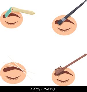 Illustrations showing the eyelash extension process with tweezers and brushes on eyes. Eyelash extension application tools and techniques Stock Vector