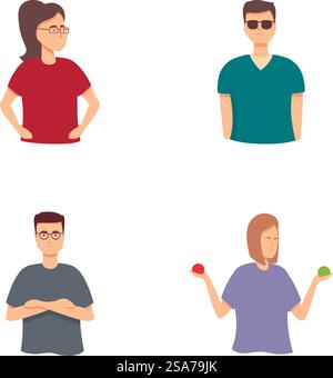 Vector illustrations of four diverse people standing, showcasing different poses and styles. Set of casual people illustrations Stock Vector