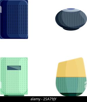 Collection of four wireless smart speakers, showcasing different designs for home automation. Set of modern smart home speakers Stock Vector