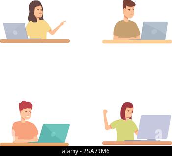 Four separate illustrations of cartoon characters engaged in work on their laptops. Cartoon people working on laptops Stock Vector
