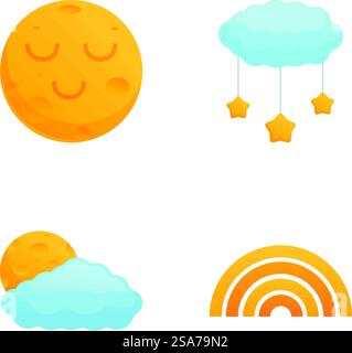 Collection of cheerful cartoon weather icons including the sun, clouds, and a rainbow. Cute cartoon weather icons set Stock Vector