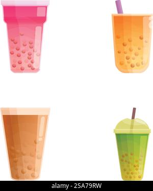 Colorful collection of bubble tea in various cups and flavors as vector illustrations. Assorted bubble tea vector set Stock Vector