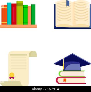 Collection of four flat icons symbolizing education, books, and academic achievement. Education and knowledge icons set Stock Vector