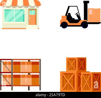 Collection of colorful logistics and retail related flat icons. Logistics and retail icon set Stock Vector