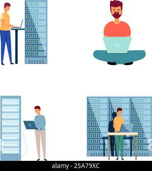 It administrator icons set cartoon vector. Sysadmin adjusting network connection. Service maintenance. It administrator icons set cartoon vector. Sysadmin adjusting network connection Stock Vector