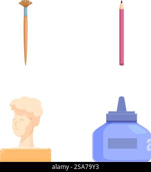 Vector icons of a paintbrush, pencil, classical bust, and ink bottle. Art and writing supplies icons set Stock Vector