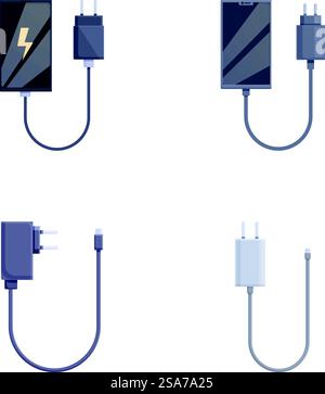 Vector set of various types of charging cables and power adapters for smartphones isolated on a white background. Smartphone charging cables and power adapters set Stock Vector