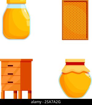Collection of four vivid vector illustrations related to honey and beekeeping. Honey and beekeeping vector icons set Stock Vector