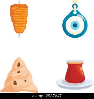 Illustration showcasing icons of turkish culture including kebab, evil eye, rock formations, and turkish coffee. Turkish culture vector icons set Stock Vector