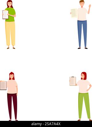 Vector illustrations of four cartoon characters, each holding a blank sheet of paper. Cartoon set of people holding blank papers Stock Vector