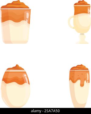 Vector set featuring four styles of whipped dalgona coffee in various glasses. Assortment of creamy dalgona coffee illustrations Stock Vector