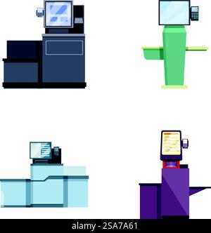 Collection of four colorful vector illustrations of industrial manufacturing machines. Set of industrial machine icons Stock Vector