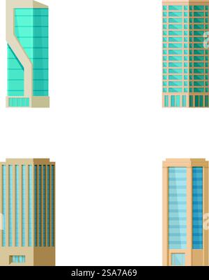 Collection of four different modern skyscraper illustrations, isolated on a white background. Set of modern skyscraper buildings isolated on white Stock Vector