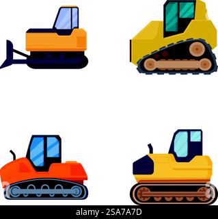 Collection of four colorful, stylized bulldozer graphics on a white background. Set of cartoon bulldozer illustrations Stock Vector