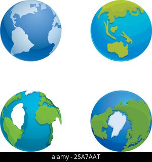 Colorful vector set showcasing four cartoonstyle globes, each with a different continent in focus. Set of four cartoon globe illustrations Stock Vector
