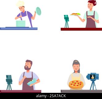 Set of illustrations depicting various professionals, including a chef, a photographer, and servers. Different professionals in their work environment Stock Vector