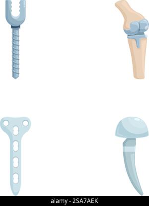 Set of vector icons illustrating various types of orthopedic implants and artificial joints. Orthopedic implants and prosthetics icons set Stock Vector