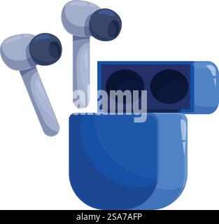 Two blue wireless earbuds are charging in their case. Blue wireless earbuds charging in case Stock Vector