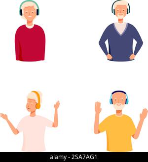 Illustration collection of four joyful people of different ages wearing headphones, isolated on a white background. Diverse set of people enjoying music with headphones Stock Vector