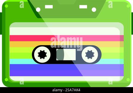 Green audio cassette tape with rainbow label playing music, representing lgbtq pride and support. Green audio cassette tape with rainbow label playing music Stock Vector