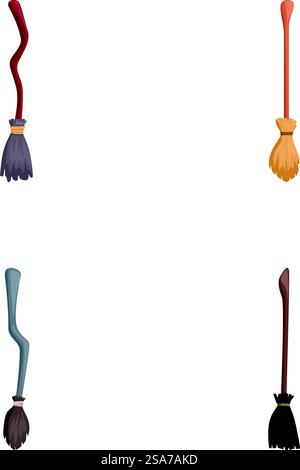 Collection of four different cartoonstyle witch&rsquo;s broomsticks isolated on white background. Set of cartoon witch broomsticks illustration Stock Vector