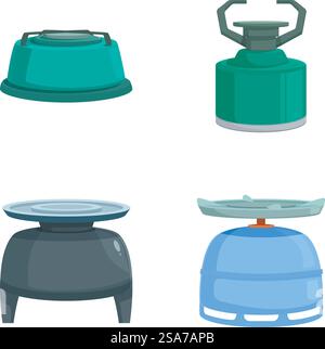 Collection of four vector icons depicting various types of portable camping stoves in a flat design style. Set of camping stoves flat design icons Stock Vector