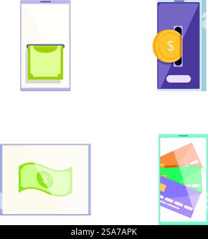 Collection of colorful vector icons representing various digital payment methods and banking options. Set of digital payment and banking icons Stock Vector