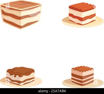 Set of four delicious cartoonstyle dessert cakes on plates isolated on a white background. Assorted cartoon dessert cakes collection Stock Vector