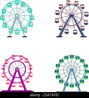 Collection of four stylized ferris wheel icons in various colors, perfect for theme park designs. Set of colorful ferris wheels isolated on white Stock Vector