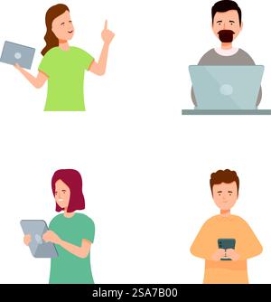 Illustration of four people engaged with different tech gadgets, symbolizing connectivity. Diverse set of people using technology devices Stock Vector