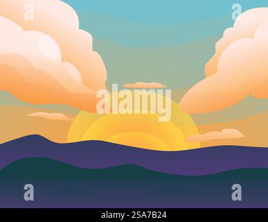 Minimalist illustration of a sunset over mountains with a big sun and orange clouds. Big sun setting behind mountains with orange and teal sky and clouds Stock Vector