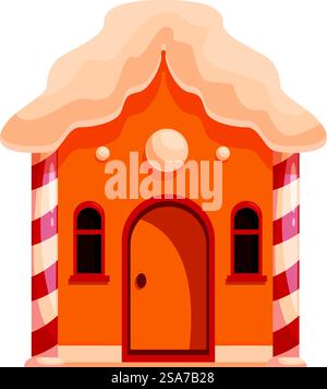 Cute gingerbread house standing with snow on roof, candy canes, round sugar candies, fairytale building. Cute gingerbread house standing with snow on roof Stock Vector