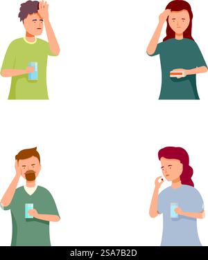 Illustrations of men and women holding their heads, depicting signs of headache and feeling unwell. Set of people showing headache symptoms and discomfort Stock Vector