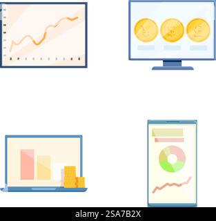 Set of four flat design icons representing financial analytics and cryptocurrency on digital displays. Diverse financial analytics icons set Stock Vector
