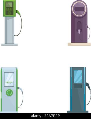 Illustration of four types of electric vehicle charging stations isolated on white background. Set of various electric charging stations for vehicles Stock Vector
