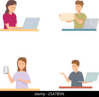 Vector illustrations of diverse individuals engaged with laptops and smartphones. Set of four modern people using technology Stock Vector