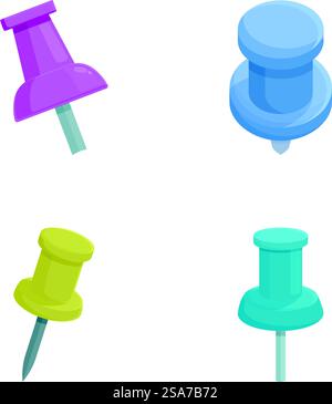 Vector illustration of a set of four colorful push pins in different orientations. Colorful push pin set isolated on white Stock Vector