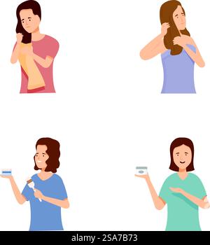 Set of illustrations featuring a woman showcasing different emotions and performing various actions. Woman expressing various emotions and actions Stock Vector