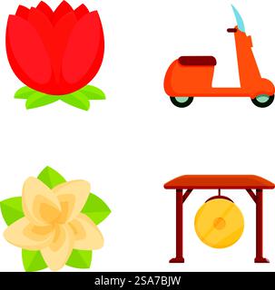 Collection of four vector icons featuring a red tulip, orange scooter, white jasmine flower, and a traditional gong. Set of colorful vector icons, tulip, scooter, jasmine, gong Stock Vector